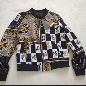 Bomber gold black Sequins baroque scarf print jacket zip front